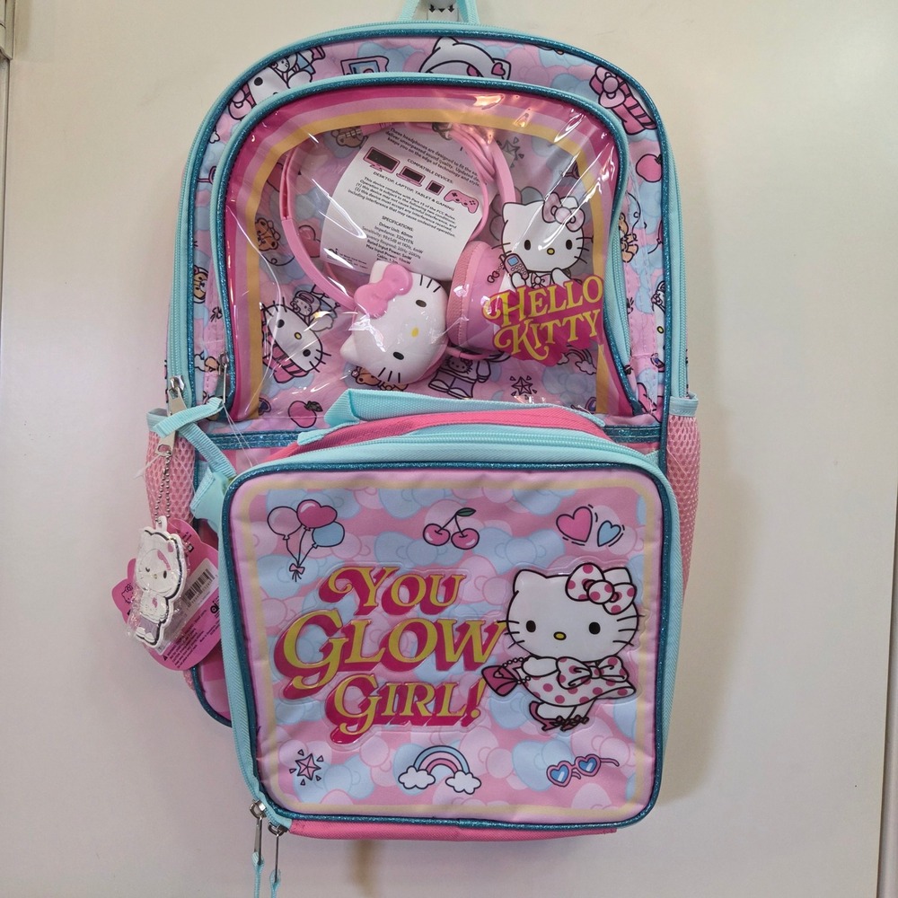 Sanrio Hello Kitty 4 Piece Backpack Set 17" Laptop Bag Lunch Tote Headphones NEW